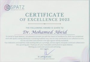 تكريم الدكتور محمد عبيد: شهادة ودرع تميز من شركة  SPATZ Medical الأمريكية لعام 2023
