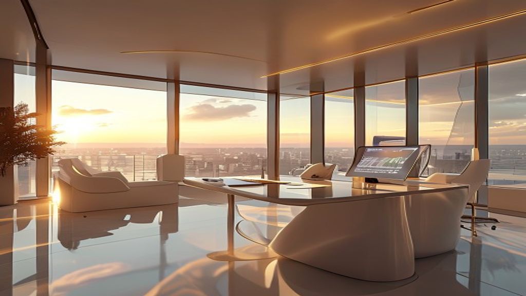 A modern luxury medical clinic interior, soft warm golden hour light through large windows, an elegant consult desk with a sleek laptop showing molecular weight loss diagrams, shot on 85mm lens at f/1.8, premium cinematic lighting