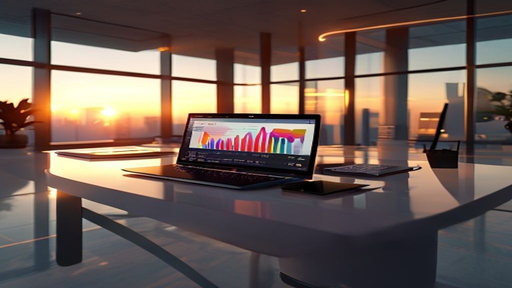 Cinematic warm golden hour lighting, a clean modern office desk with a laptop displaying organized colorful database charts, 85mm lens, f/1.8, photorealistic.