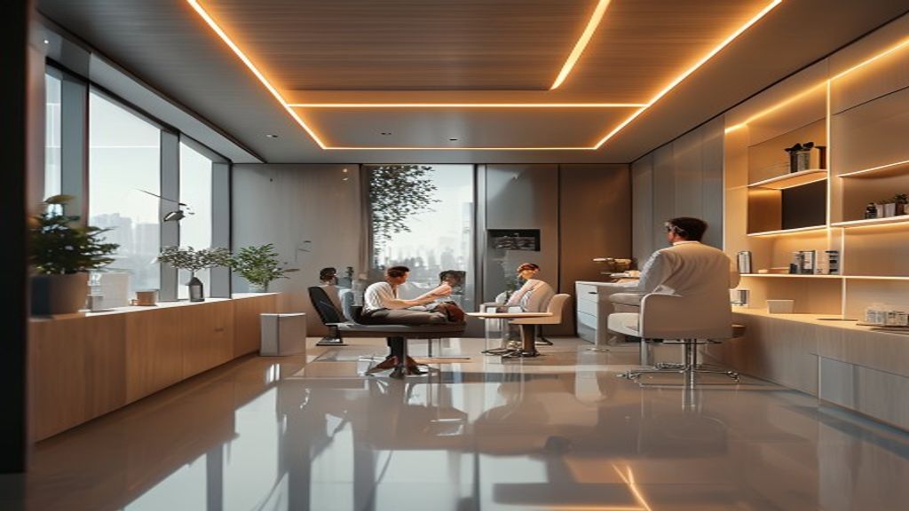A premium and modern bariatric clinic interior, soft Rembrandt lighting, warm atmosphere, professional doctor consulting a happy patient, cinematic 85mm lens, f/1.8
