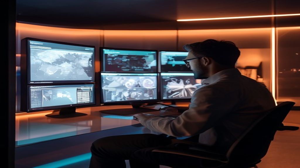 A modern cinematic photograph of a digital marketing expert analyzing website category structure on multiple glowing screens, warm studio lighting, 85mm lens, f/1.8