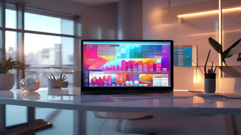 A highly professional, warm-lit workspace with a clean laptop screen showing colorful digital marketing taxonomy charts, 85mm lens, f/1.8