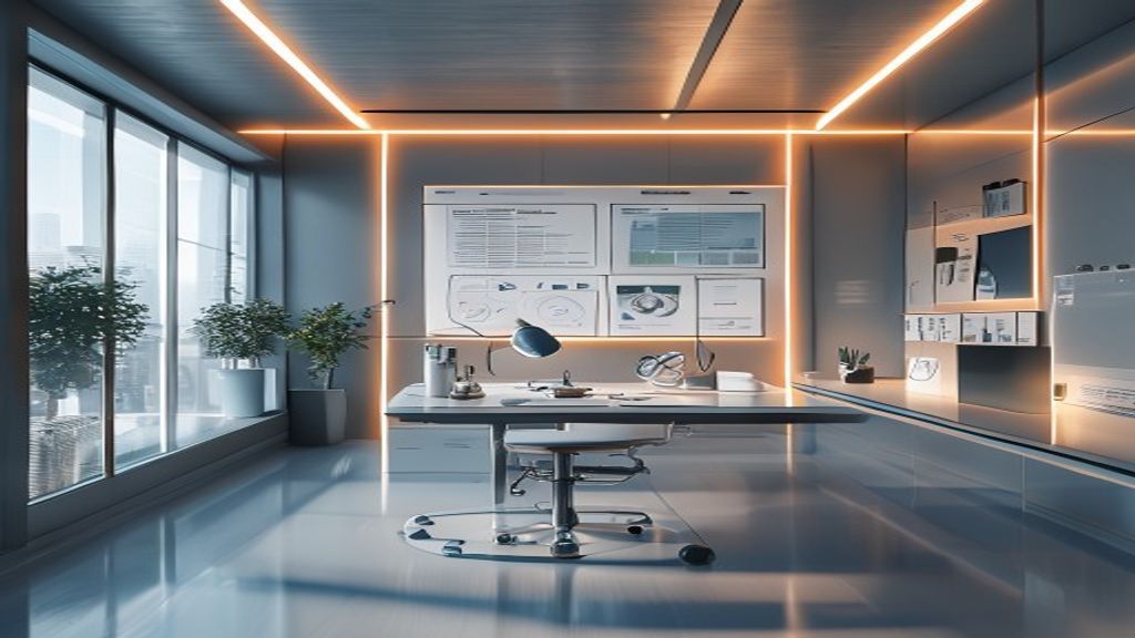 A modern clinical aesthetic workspace with medical charts, a stethoscope, soft Rembrandt lighting, photorealistic, 85mm lens, f/1.8.