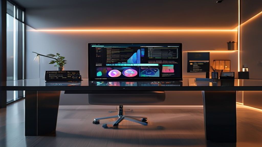 A sleek modern desk with a laptop displaying organized data structures and SEO analytical charts, soft warm Rembrandt lighting, cinematic composition, 85mm lens, f/1.8